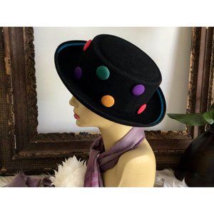 Vintage Black Wool Felt Hat with Cloth Colored Buttons